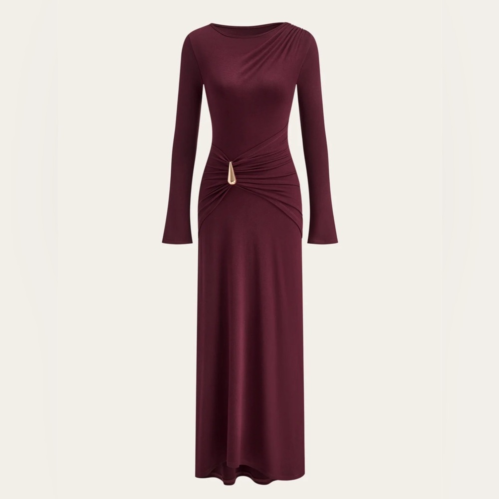 Commense Long-Sleeve Twist-Front Maxi Dress in Deep Burgundy